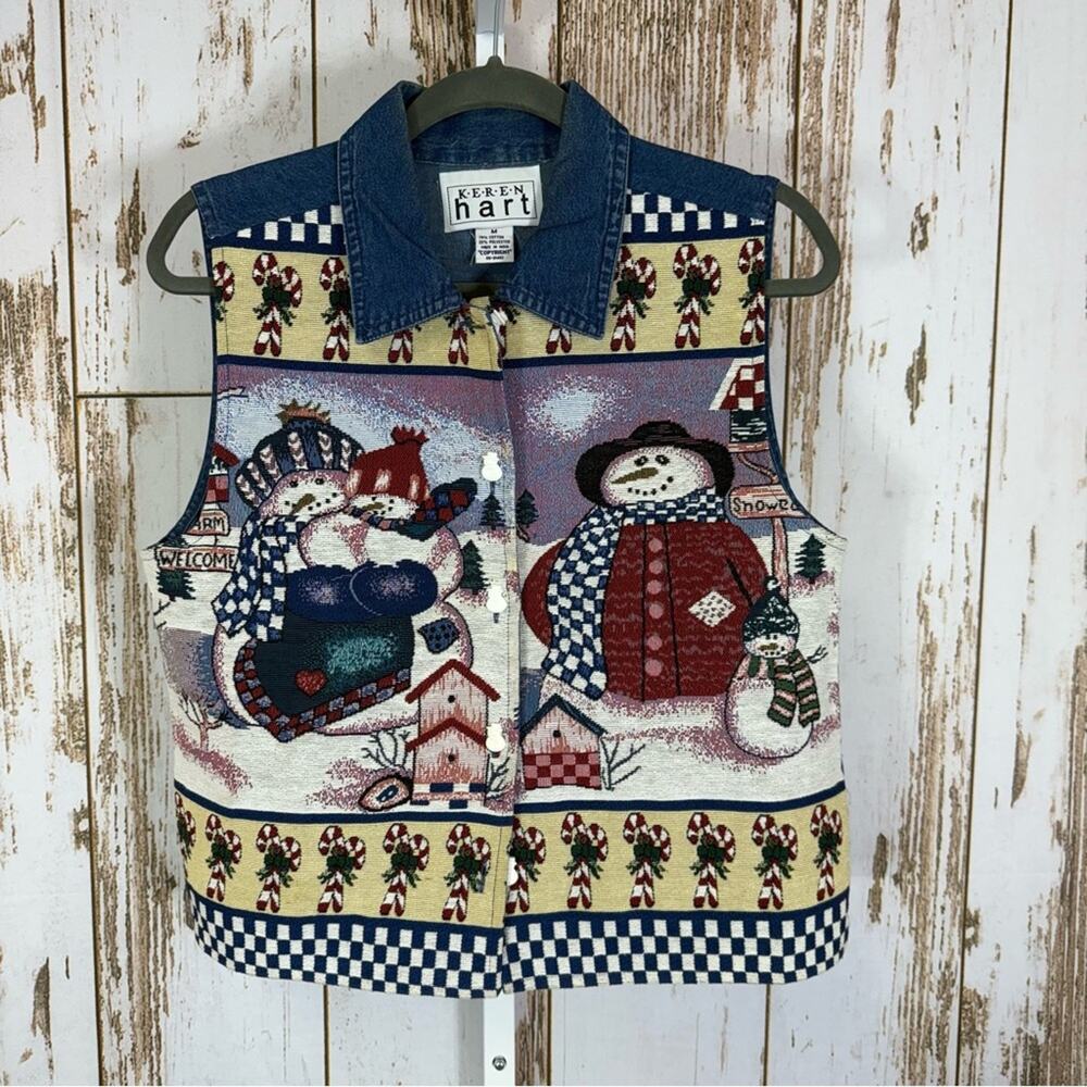 KEREN hart, Festive Snowman Vest - Blue and Cream. Size Medium. Excellent cond!
